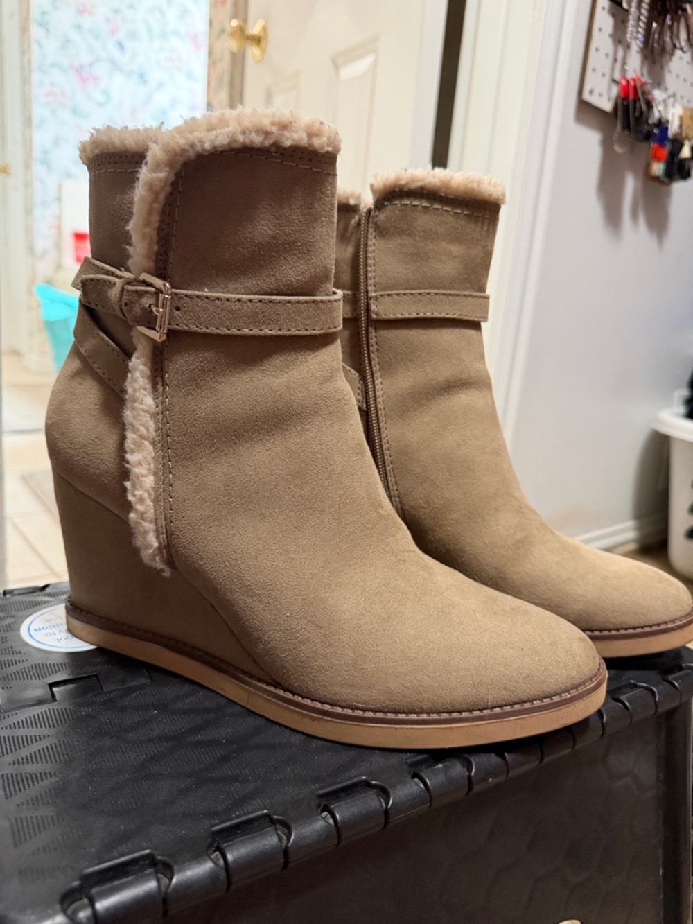 Unisa Tan Suede Wedge Ankle Boots with Shearling Trim